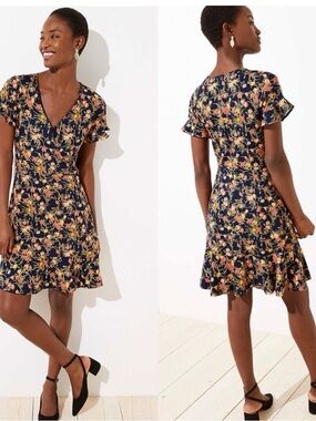 LOFT Floral Navy V-Neck Short Sleeve Wrap Dress NWOT